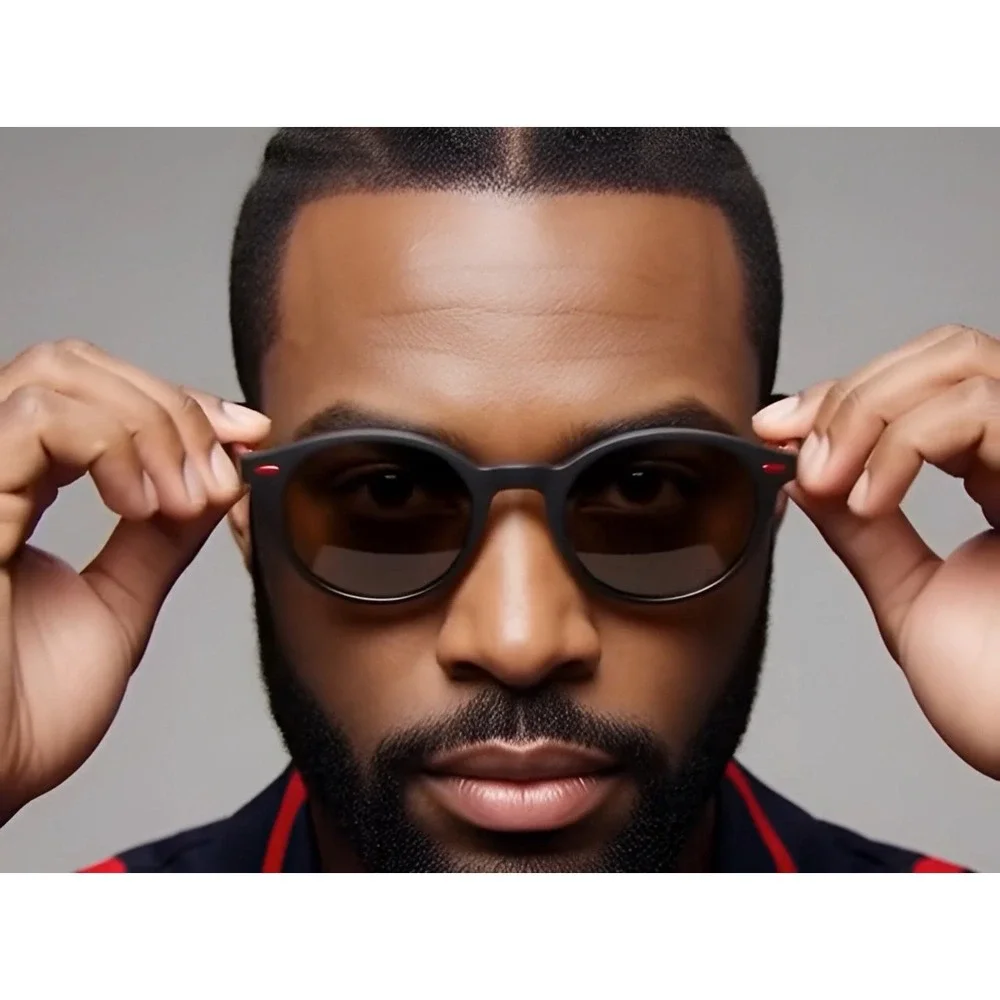 Mens Polarized Sunglasses Round Matte Black Frame Brown Lens Red Accent Fancy‎